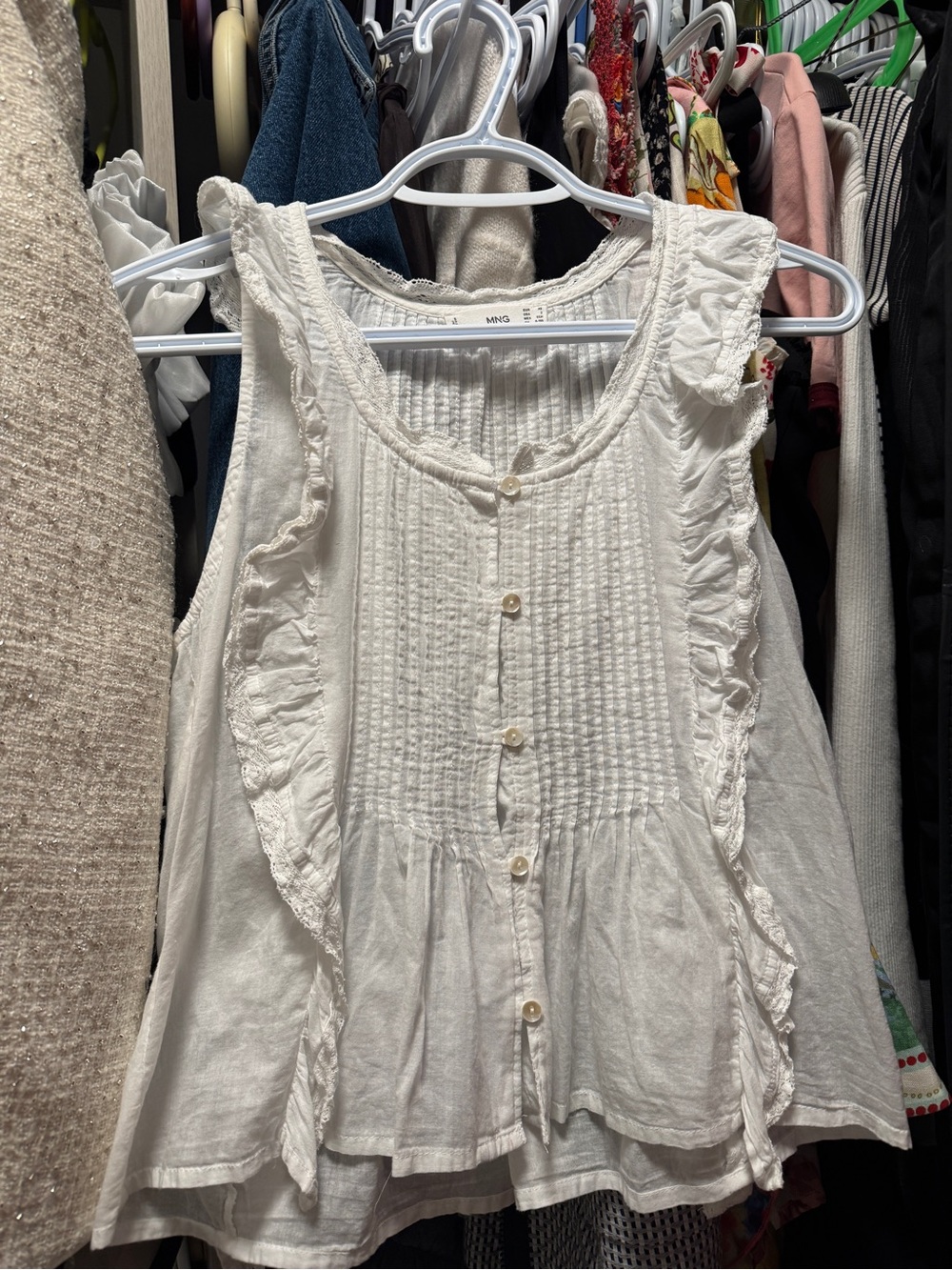 Mango Women’s White Ruffled Button-Front Tank Top